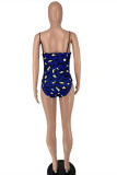 Blue Fashion Sexy Print Backless Swimwears