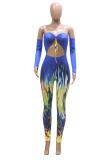Blue Fashion street Print Hollow bandage Polyester Three Quarter Wrapped Jumpsuits