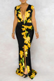 blue and yellow Sexy Long Sleeves V Neck pleated Floor-Length Print Patchwork Dresses
