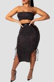 Black Fashion Sexy Patchwork Hollowed Out Strap Design Sleeveless Two Pieces
