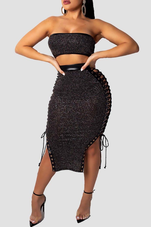 Black Fashion Sexy Patchwork Hollowed Out Strap Design Sleeveless Two Pieces