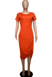 Orange Casual Solid Split Joint O Neck Irregular Dress Dresses