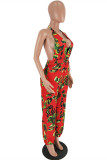 Red Fashion Sexy Print Backless V Neck Regular Jumpsuits