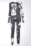 Black And White Casual Print Patchwork Tie-dye O Neck Regular Jumpsuits