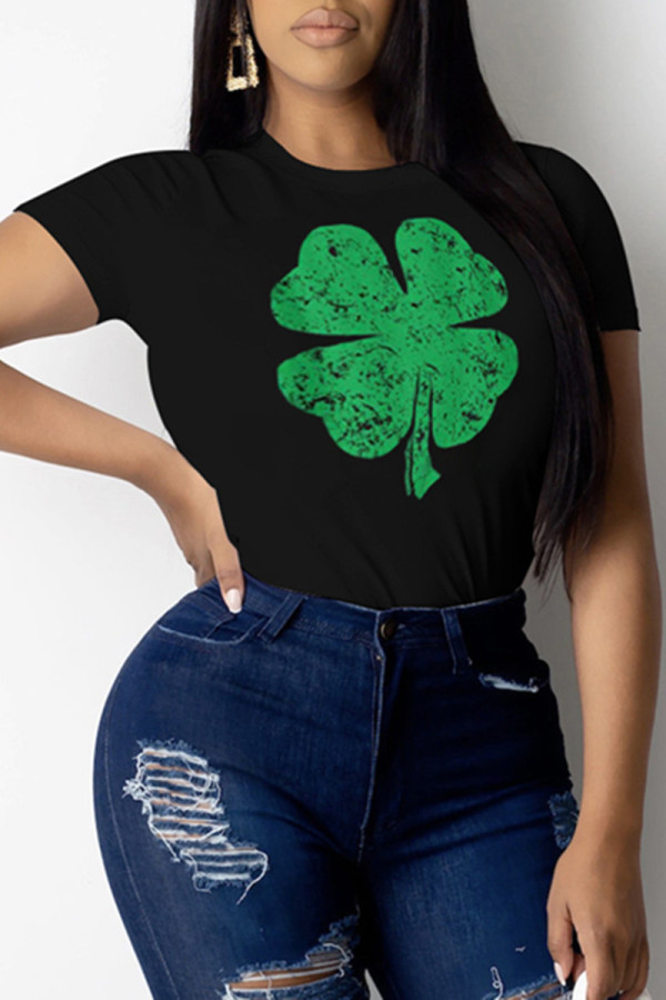 Black Fashion Casual Print Basic O Neck Tops
