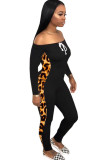 Leopard print Sexy Patchwork bandage Leopard grain Polyester Long Sleeve one word collar Jumpsuits