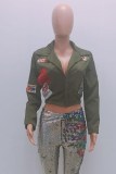 Army Green Turndown Collar Patchwork Blazer & Suits &Jacket
