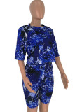 Blue Polyester Fashion Sexy adult Ma'am O Neck Print Two Piece Suits Stitching Plus Size