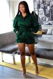 Dark green PU Fashion adult Sexy Bandage Solid Two Piece Suits Patchwork Straight Half Sleeve 