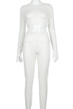White Sexy Solid Ripped Hollowed Out Patchwork O Neck Long Sleeve Two Pieces