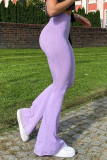 Purple Casual Solid Boot Cut High Waist Trousers
