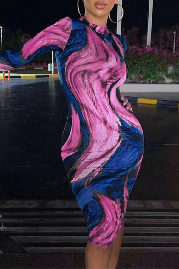 Purple Sexy Print Asymmetrical O Neck Pencil Skirt Dresses