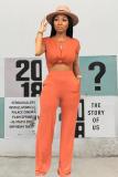 Orange Polyester Casual Fashion Bandage crop top Solid Straight Two-piece Pants Set