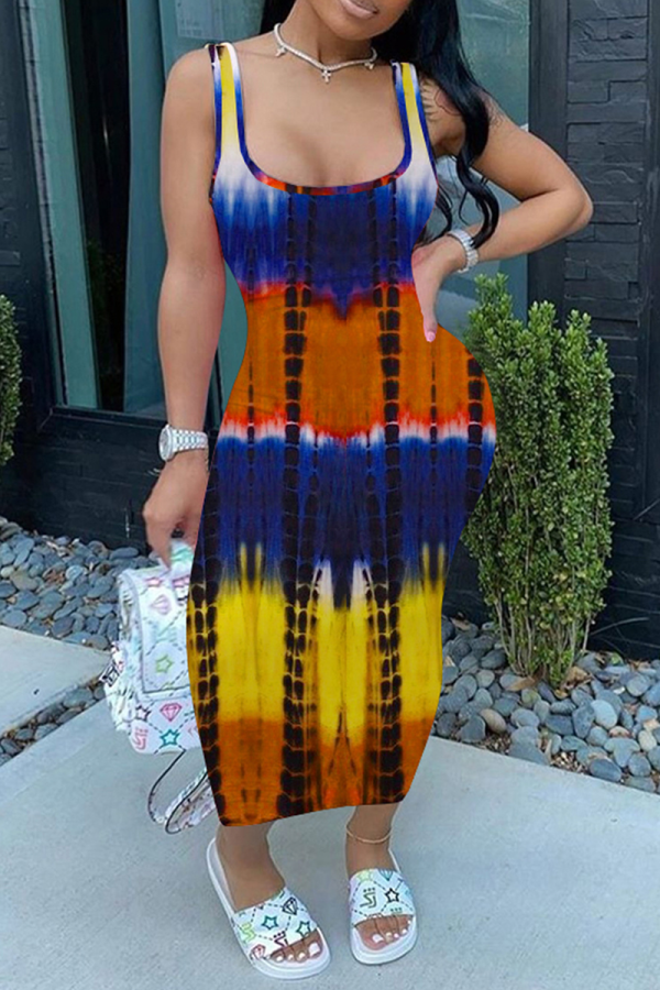 Yellow Sexy Print Patchwork U Neck Pencil Skirt Dresses