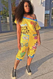 Yellow Sexy Fashion Patchwork Pocket Print Backless Polyester Short Sleeve one word collar Rompers