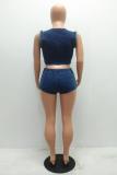 Blue Polyester Sexy Fashion Hole Solid Two Piece Suits asymmetrical Slim fit crop top Skinny Sleeveless