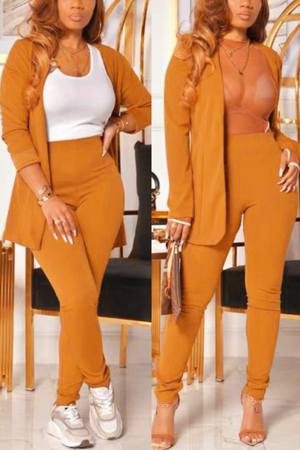 Orange Fashion Casual Solid Cardigan Pants Long Sleeve Two Pieces