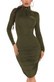 Black Green Solid Split Joint Fold Turtleneck Long Sleeve Knee Length Pencil Skirt Dresses