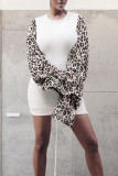 White Street Polyester Patchwork Split Joint O Neck Long Sleeve Wrapped Skirt Dresses