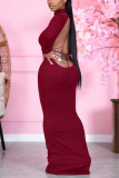Wine Red Daily Solid Backless Half A Turtleneck Wrapped Skirt Dresses