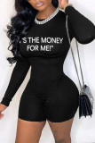 Black Fashion Casual Letter Print Basic O Neck Skinny Romper
