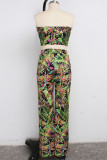 Green and yellow Polyester Sexy Patchwork Print Straight Sleeveless Two Pieces