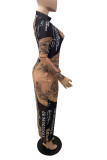 Black Polyester Spandex Print O Neck Long Sleeve Ankle Length Pencil Skirt Dresses