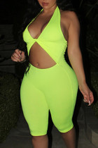 Fluorescent Green Fashion Sexy Solid Hollowed Out Backless Halter Skinny Romper