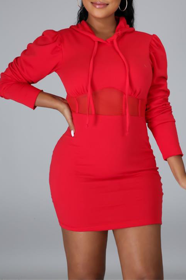 Red Casual Patchwork Mesh Maxi Dresses Dresses