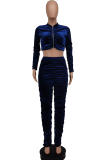Blue Casual Solid Patchwork Zipper Collar Long Sleeve Two Pieces