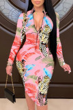 Pink Fashion Street Adult Print Split Joint O Neck Long Sleeve Knee Length Printed Dress Dresses