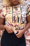 Yellow Fashion Casual Print Basic O Neck Tops