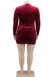 Wine Red Sexy Vintage Pleuche Tatting Solid Bandage Hollowed Out Cross Straps V Neck A Line Plus Size 