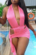 Pink Sexy Solid Bandage Halter Sleeveless Two Pieces