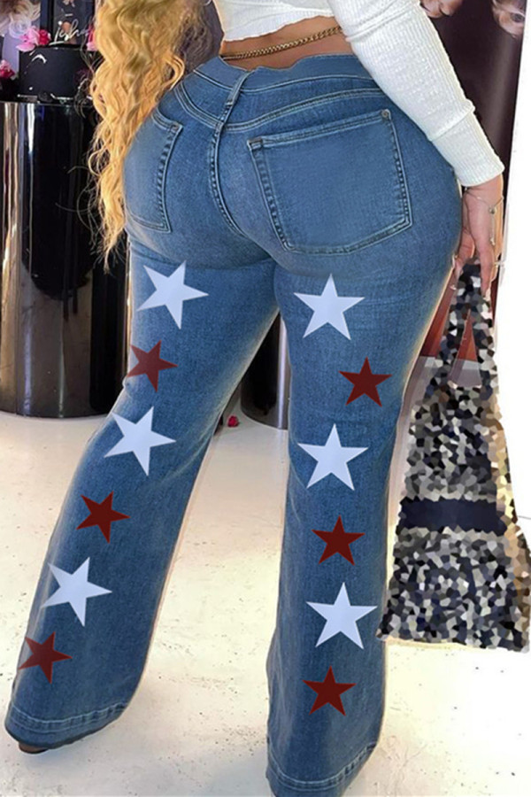 Blue Fashion Casual The stars Printing High Waist Boot Cut Jeans