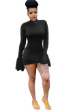 Black Polyester Sexy Bell sleeve Long Sleeves O neck Step Skirt skirt Solid Patchwork stringy selvedge Cl