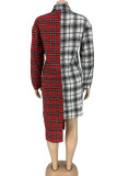 Red Street Plaid Print Patchwork Turndown Collar Pencil Skirt Dresses
