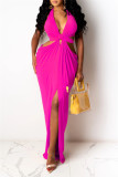 Rose Red Fashion Sexy Solid Hollowed Out Backless Slit Halter Sleeveless Dress