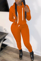 Orange Fashion Casual Adult Polyester Solid Pocket Hooded Collar Long Sleeve Regular Sleeve Regular Two Pieces