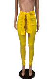Yellow Polyester Elastic Fly Mid Solid bandage Patchwork pencil Pants Pants