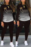 Blue Fashion Casual Gradual Change Letter Print Basic O Neck Long Sleeve Two Pieces