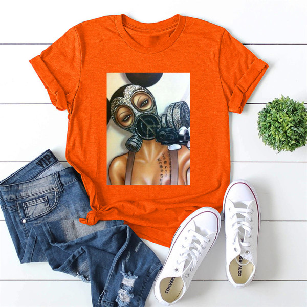 Orange Fashion Casual Print Basic O Neck T-Shirts