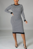 Black White Casual Plaid Patchwork O Neck Wrapped Skirt Dresses