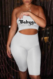 White Fashion Sexy Letter Print Hollowed Out Backless Strapless Skinny Romper