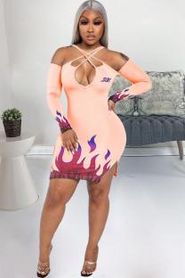 Orange and pink Polyester Fashion adult Sexy Off The Shoulder Long Sleeves Halter Neck A-Line Knee-Length split Prin