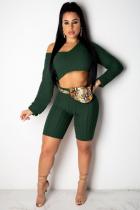 Black Green Polyester Sexy Fashion Two Piece Suits asymmetrical crop top Solid Regular Long Sleeve Two-Piece Sh