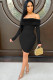 Black Sexy Off The Shoulder Long Sleeves One word collar Pencil Dress Knee-Length Patchwork Soli