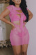 Pink Sexy Solid Hollowed Out Patchwork See-through O Neck Short Sleeve Dress Dresses