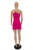 Rose Red Fashion Sexy Solid Backless One Shoulder Sleeveless Dress