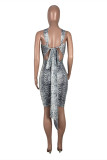 White Fashion Sexy Print Hollowed Out Backless Strap Design Sleeveless Dress